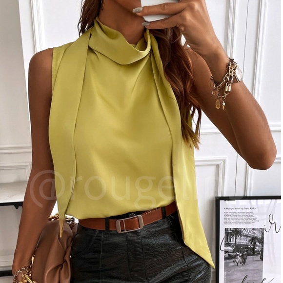 Rouge! Tops - Satin Mock Cowl Neck Ties Lemon Yellow Blouse Sleeveless Top